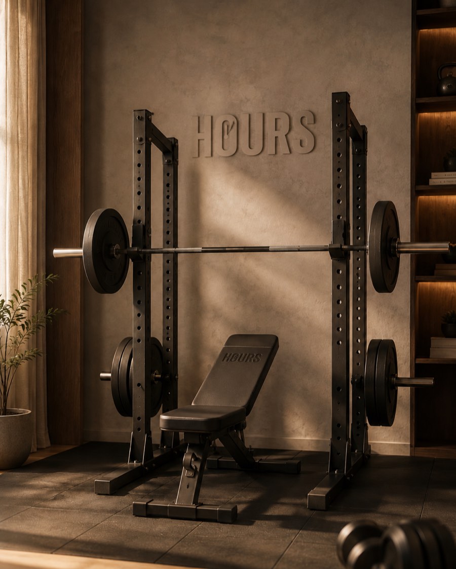 Squat-rack og bænk i et fitnesscenter med Hours på væggen