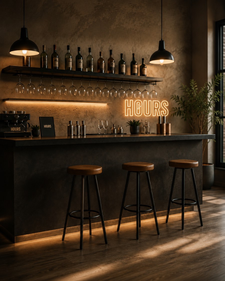 Bar med Hours-neonskilt i en restaurant