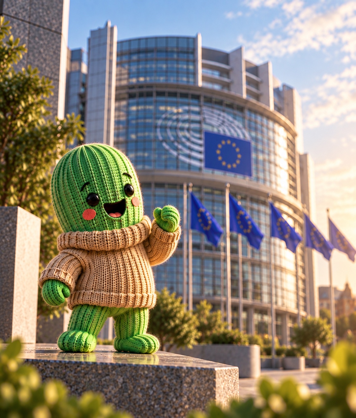 Hours-figuren staar foran Europa-Parlamentet med en raekke EU-flag i baggrunden