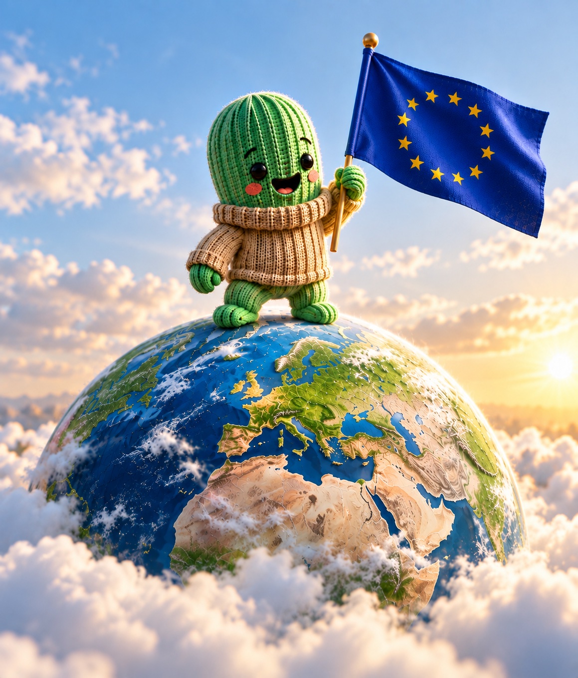 Hours-figuren staar paa en globus med Europa vendt frem og holder EU-flaget